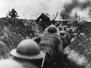 This photograph was taken on the western front in France, 1916. It shows British troops going over the top of the trenches during the battle of the Somme. This was one of the bloodiest battles of World War One, claiming over a million casualties in five months. Photography copyright Getty Images.